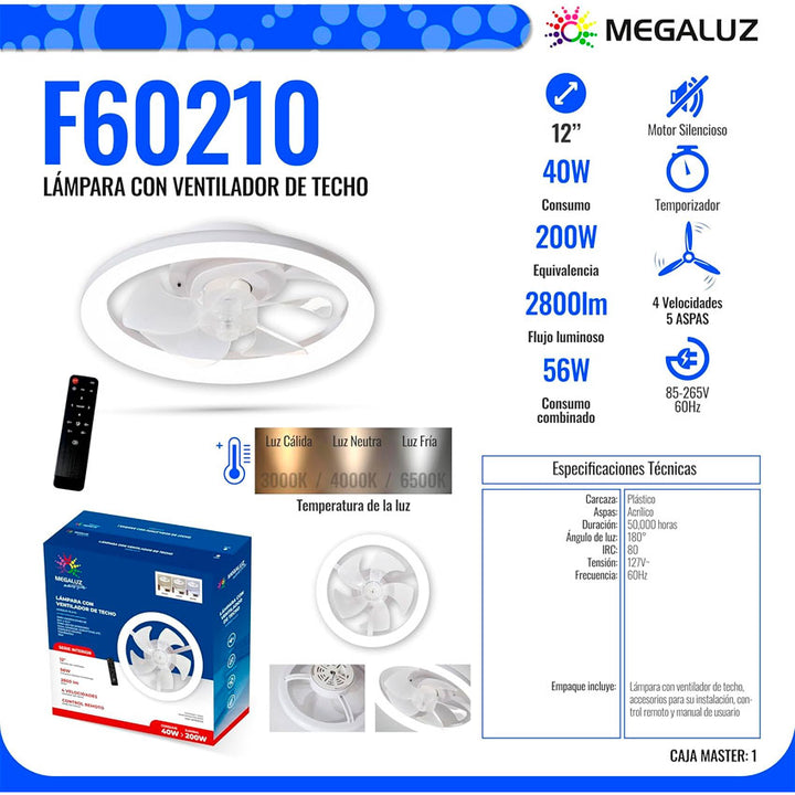 MEGALUZ F60210 VENTILADOR DE TECHO CON LÁMPARA LED – 4 VELOCIDADES