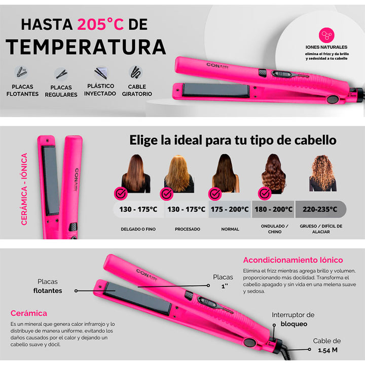 PLANCHA PARA CABELLO CONAIR CERAMICA ROSA CON NEGRO