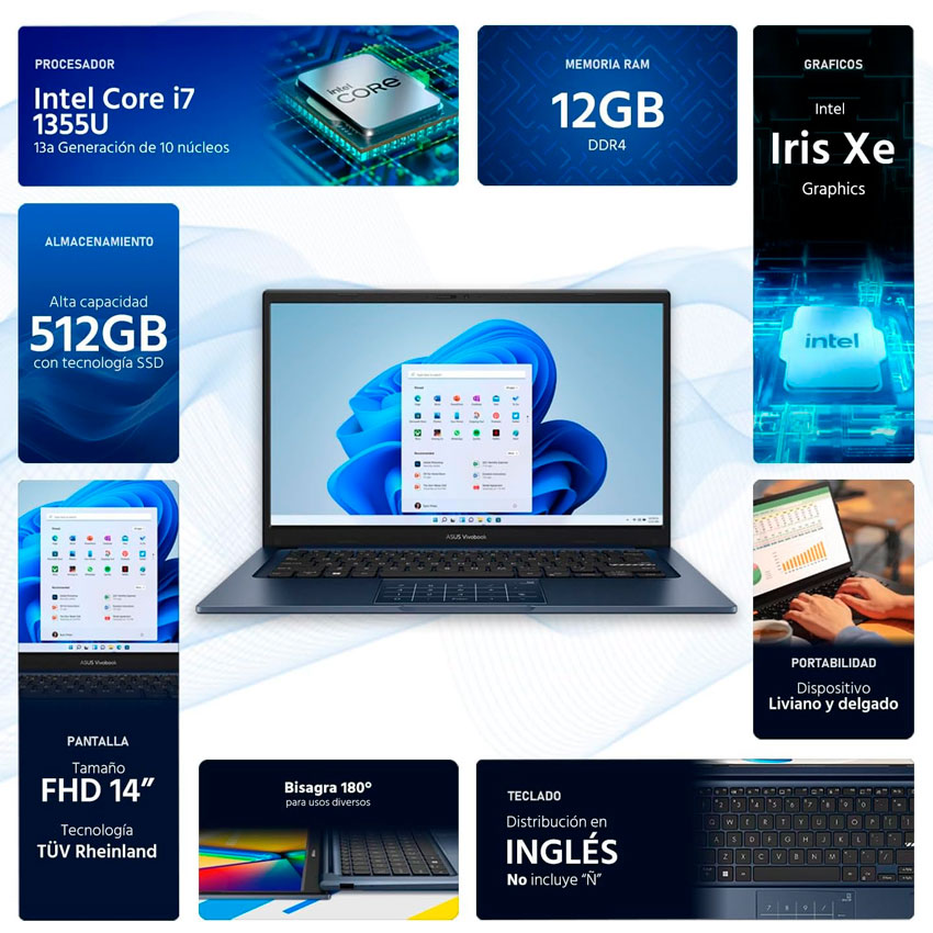 LAPTOP ASUS 14" 12 GB RAM 512 GB SSD PROCESADOR I7-1355U