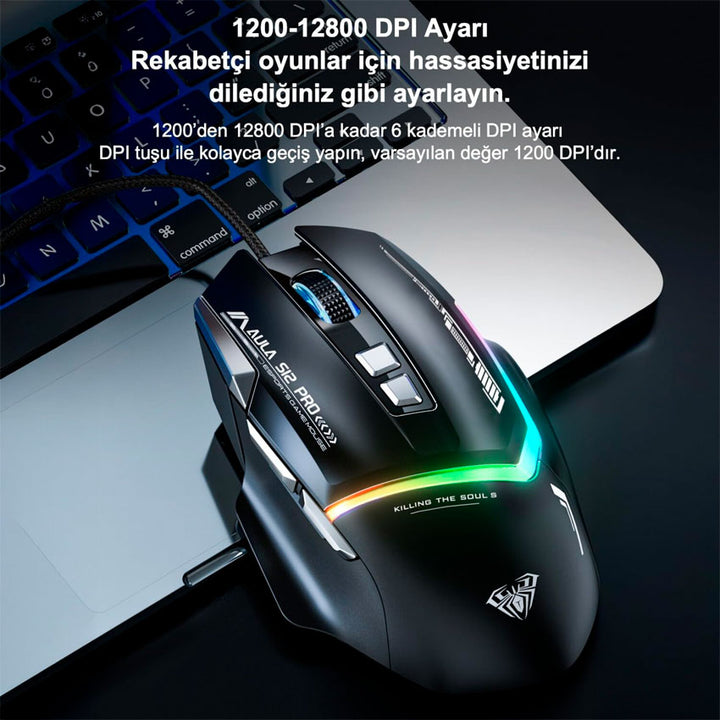 AULA MOUSE GAMING GAMER S12 PRO 2800 DPI RGB ERGONÓMICO