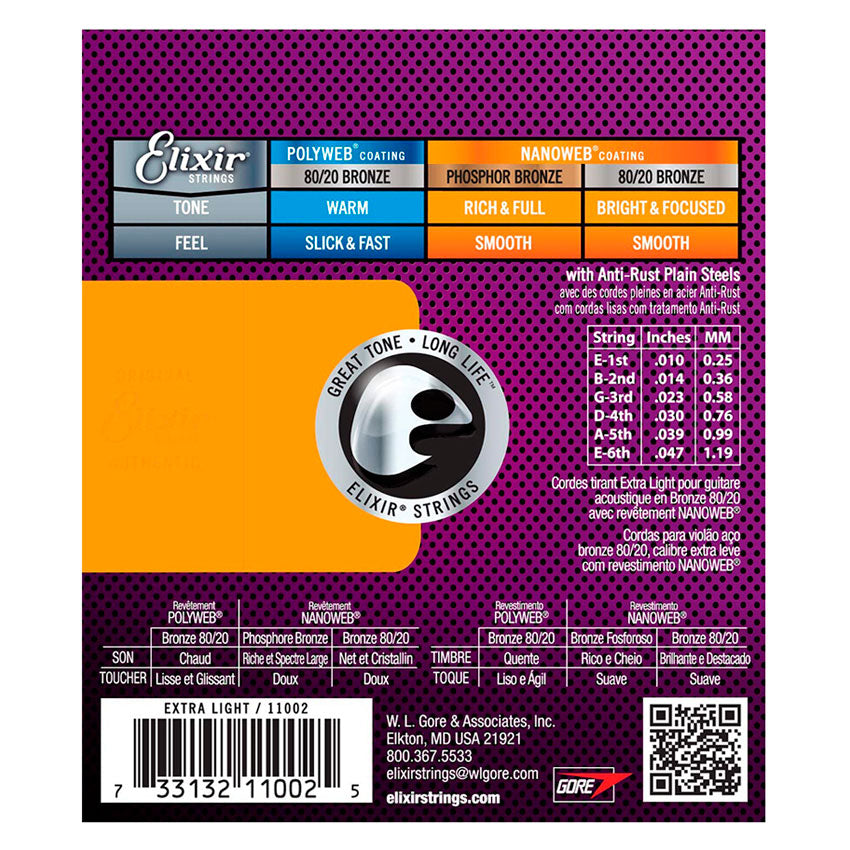 ELIXIR ENCORDADURA PARA GUITARRA ACÚSTICA BRONCE EXTRA LIGHT