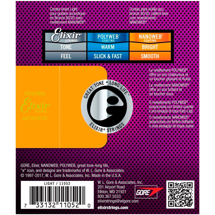 Encordadura Guitarra Elixir 80/20 Bronce Light Nanoweb