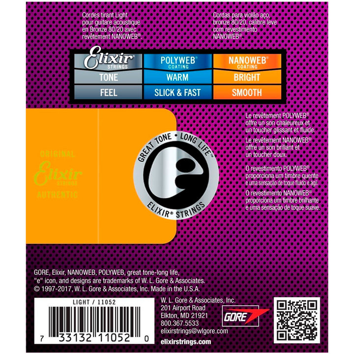 Encordadura Guitarra Elixir 80/20 Bronce Light Nanoweb