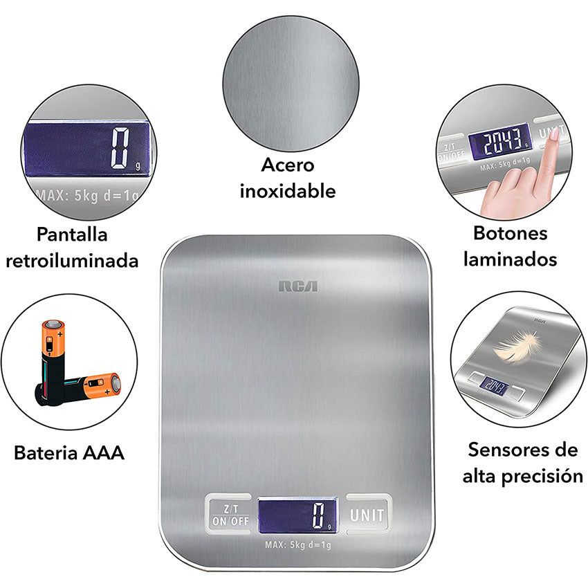 BASCULA DE COCINA DIGITAL RCA ACERO INOXIDABLE HASTA 5KG BATERIAS