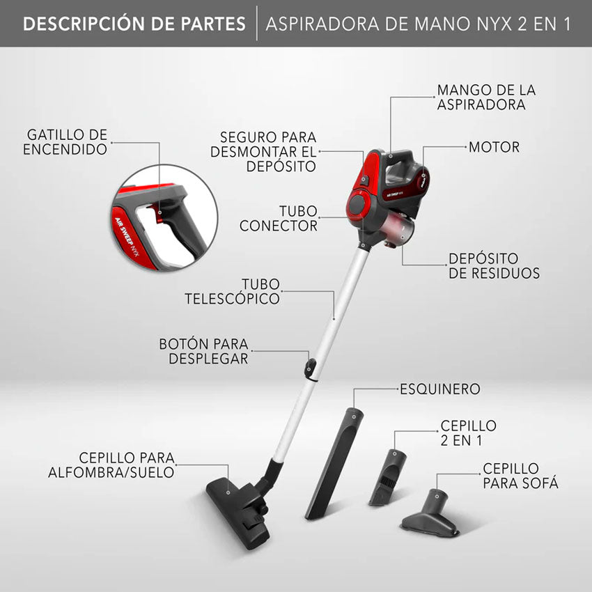 RCA NYX RC-A1 – ASPIRADORA DE MANO 2 EN 1 CON POTENTE SUCCIÓN DE 600 W Y ACCESORIOS MULTIFUNCIÓN