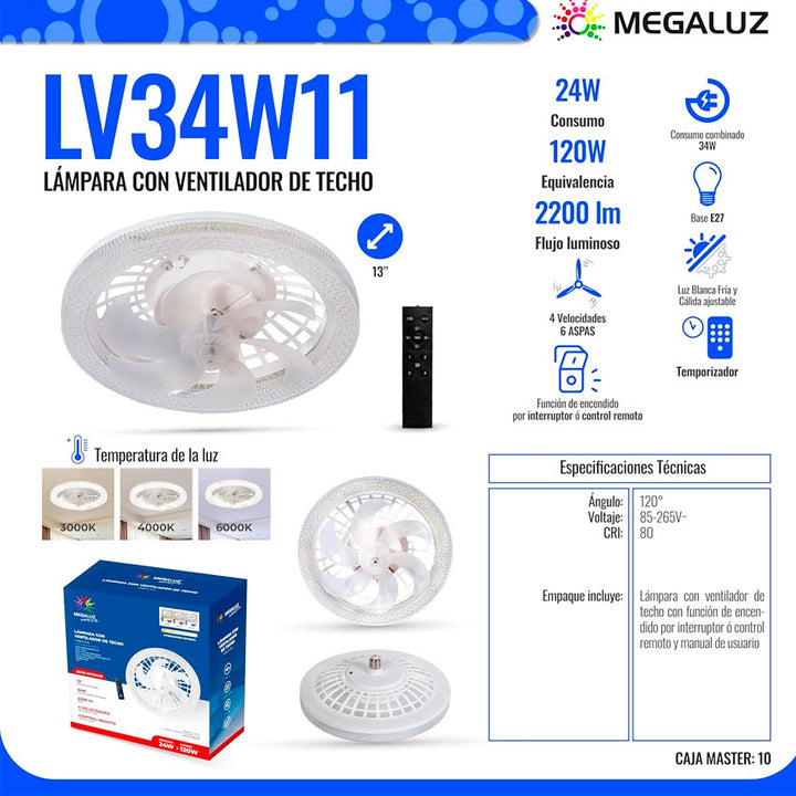 Megaluz Ventilador de Techo con Luz Led Multifuncional y Control Remoto
