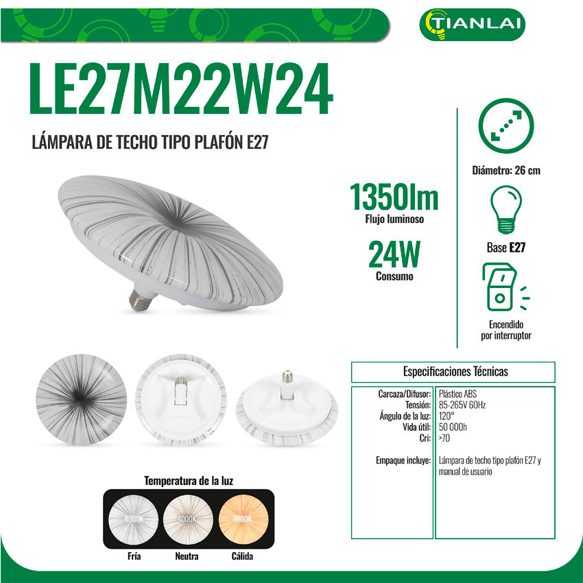 Tianlai Lampara Led 24w ( 1350lm) 3 Tonos de Luz ( Cálida, Neutra y Fría)
