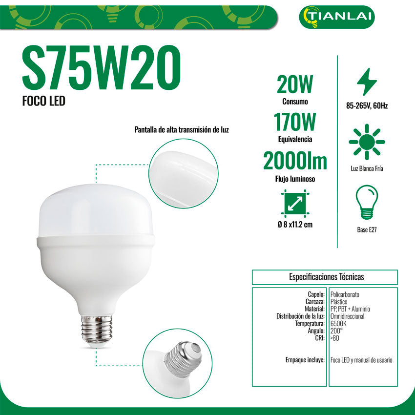 Foco Led Luz Fria 20w ( 2000lm) Tianlai