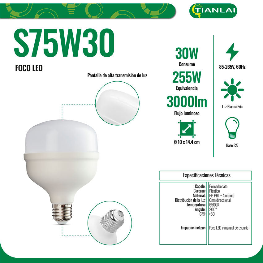 Tianlai Foco Led Luz Fria 30w ( 3000lm) Alta Potencia y Ahorro de Energía