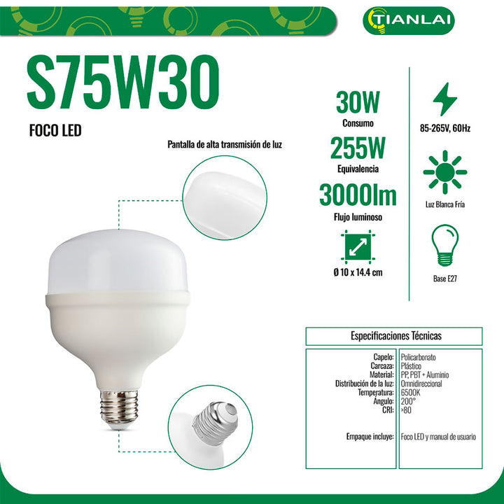 Tianlai Foco Led Luz Fria 30w ( 3000lm) Alta Potencia y Ahorro de Energía