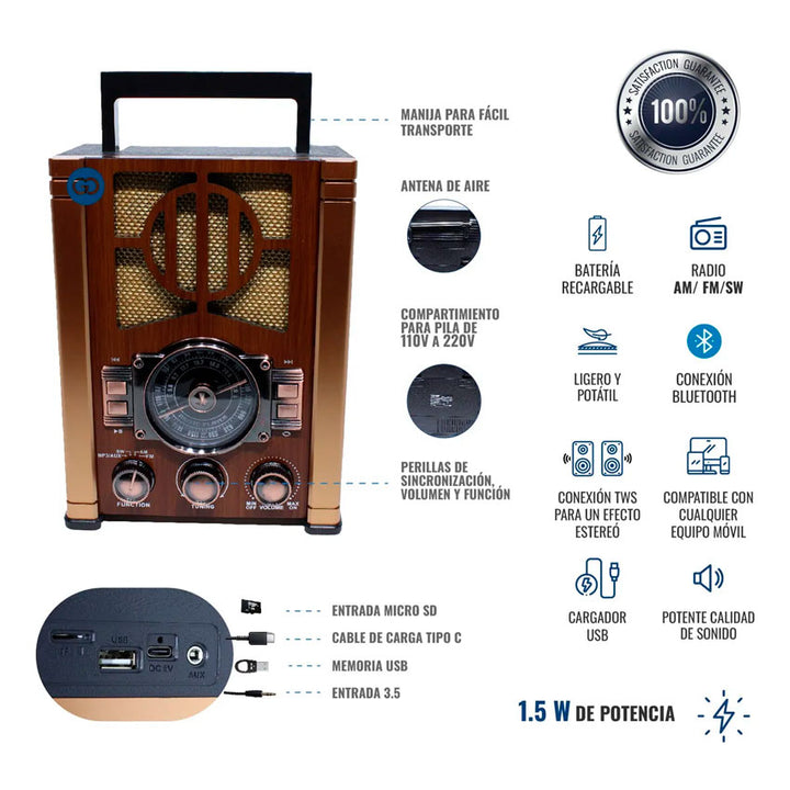 LINKBITS BOCINA RETRO RD-250 RADIO AM/FM BLUETOOTH ENTRADA USB
