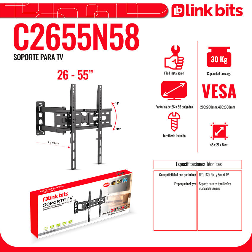 Linkbits Montaje para Tv Movible 26" - 55" con Inclinación y Giro Ajustable