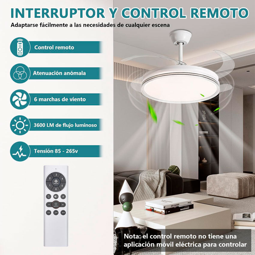 Ventilador de Techo con Lampara Aspas Retractiles 42 Pulg Megaluz