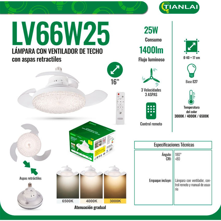 Tianlai Lampara Led con Ventilador 3 Colores de Luz