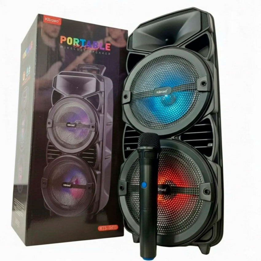 LINKBITS BAFLE 2 X 8" 20W. CON MICRÓFONO INALÁMBRICO, USB, TF, AUX Y FM, LUCES LED