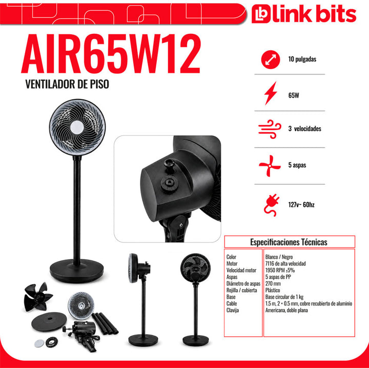 Linkbits Ventilador de Pedestal 12 Pulgadas 60w con 3 Velocidades y Altura Ajustable