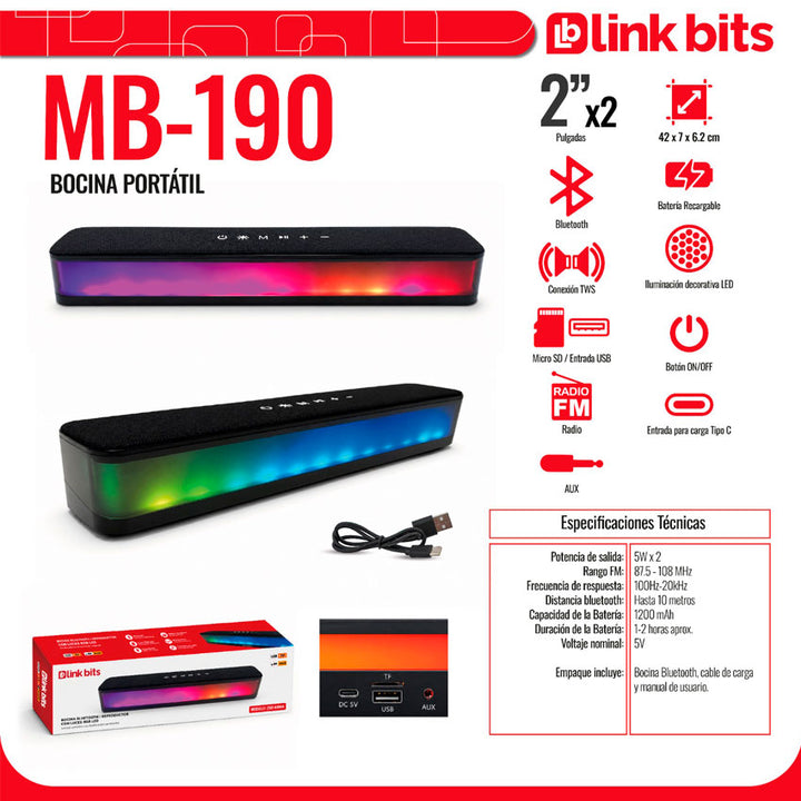 Linkbits Bocina Bluetooth Tipo Barra Sonido Compacto y Versátil