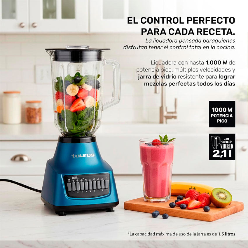 Licuadora Vaso Vidrio 2.1 Lts Azul Taurus