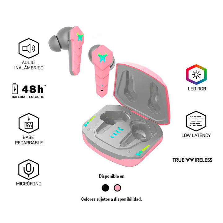 STF AUDIFONOS GAMING INALÁMBRICOS TRUE WIRELESS MUSPELL ROSA, RGB, 48 HORAS DE BATERÍA