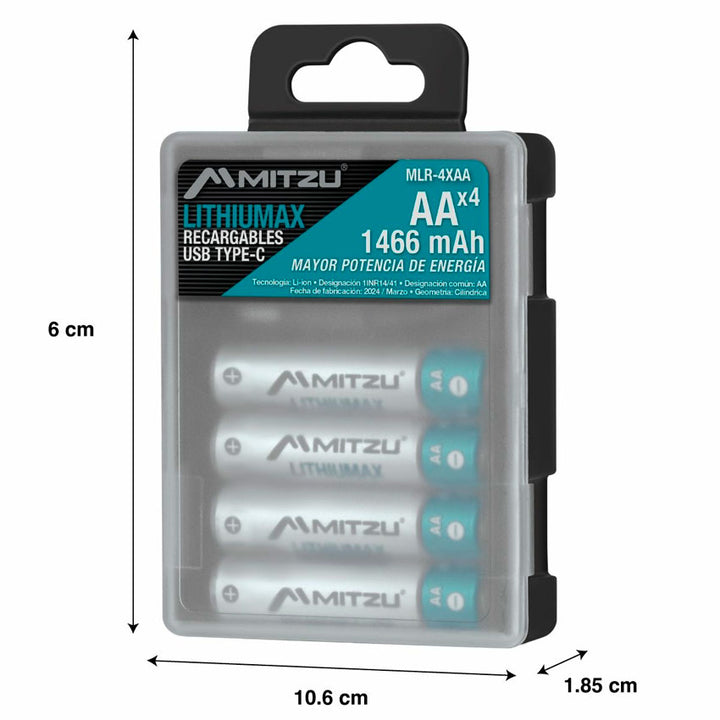 MITZU BATERIA RECARGABLE LITIO "AA/4" RECARGA TIPO C