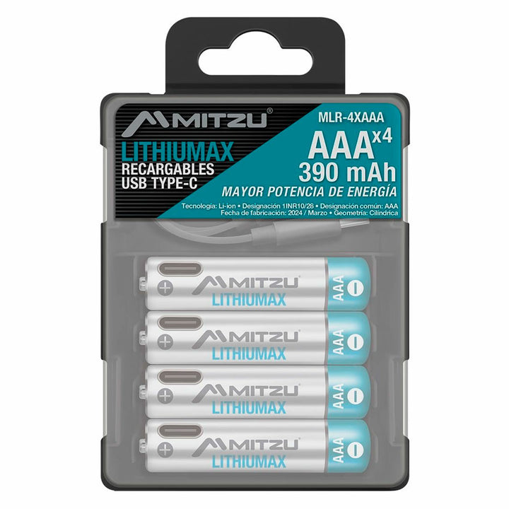 MITZU PILAS RECARGABLES AAA DE LITIO MLR-4XAAA CON CABLE USB TIPO C