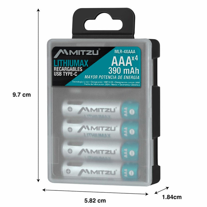 MITZU PILAS RECARGABLES AAA DE LITIO MLR-4XAAA CON CABLE USB TIPO C