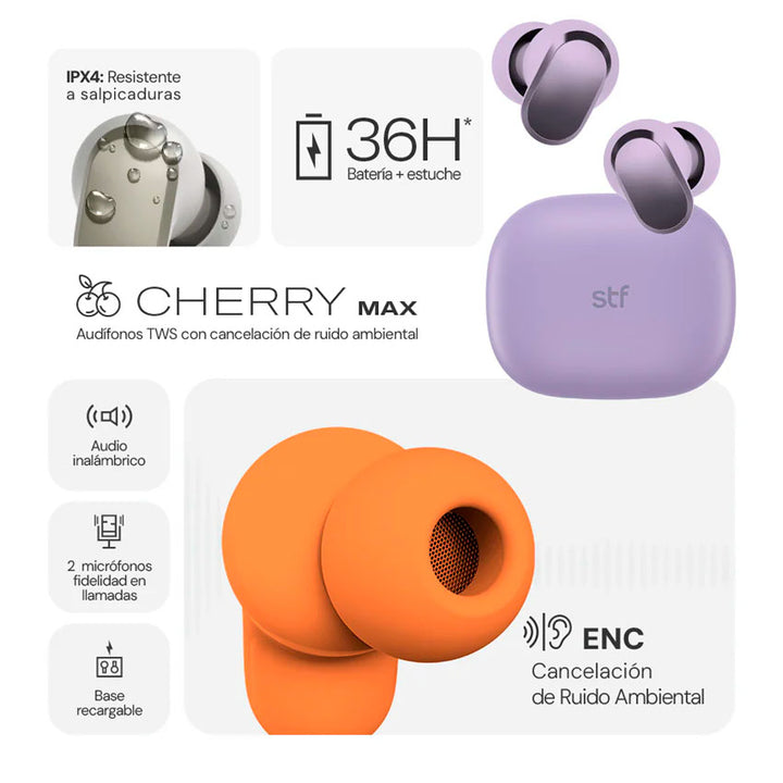 Stf Audifonos True Wireless Cherry Max Arena con Cancelación de Ruido Enc y 36 Horas de Batería