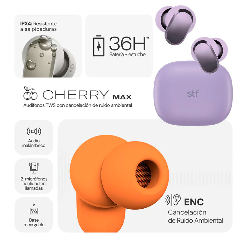 Stf Audifonos True Wireless Cherry Max Purpura con Cancelación de Ruido Enc y 36 Horas de Batería