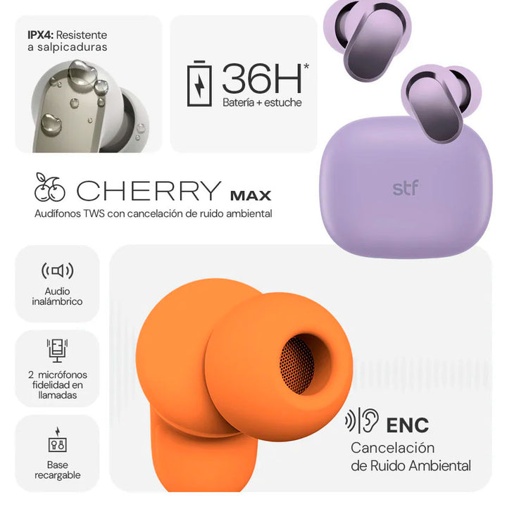 Stf Audifonos True Wireless Cherry Max Naranja con Cancelación de Ruido Enc y 36 Horas de Batería
