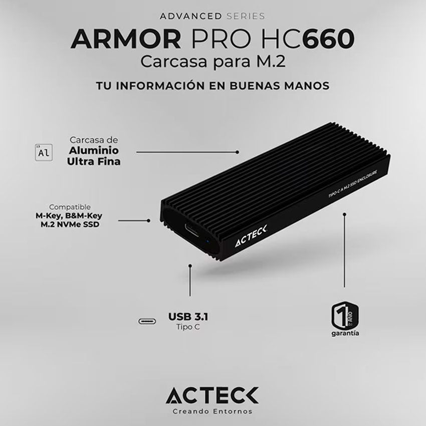 ACTECK GABINETE DE SSD ARMOR PRO HC660 M.2 - NEGRO