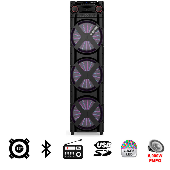 DOLPHIN XL-312 ALTAVOZ BLUETOOTH TRIPLE DE 12 PULGADAS, SALIDA DE ALTA POTENCIA DE 6000 W CON X-BASS.