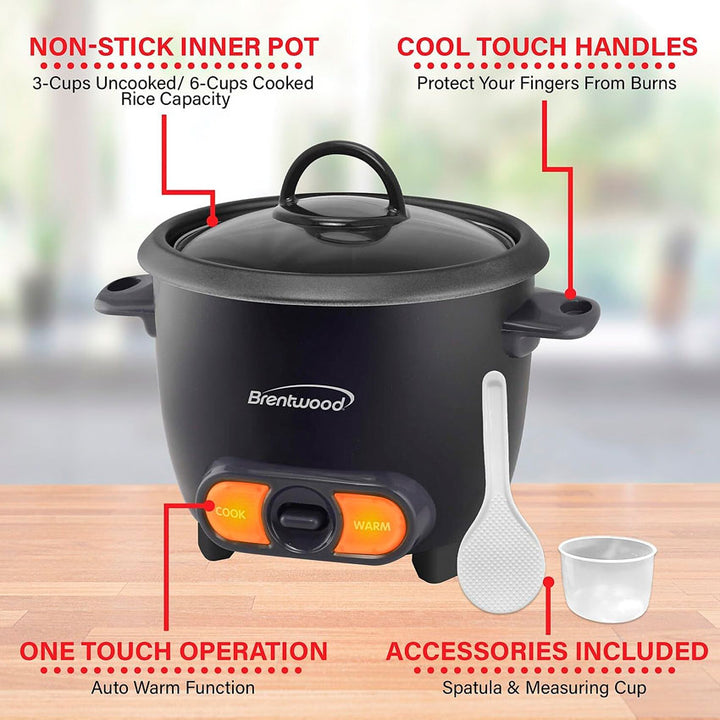 Brentwood Olla Arrocera 6 Tazas Negra con Función de Calentamiento Automático