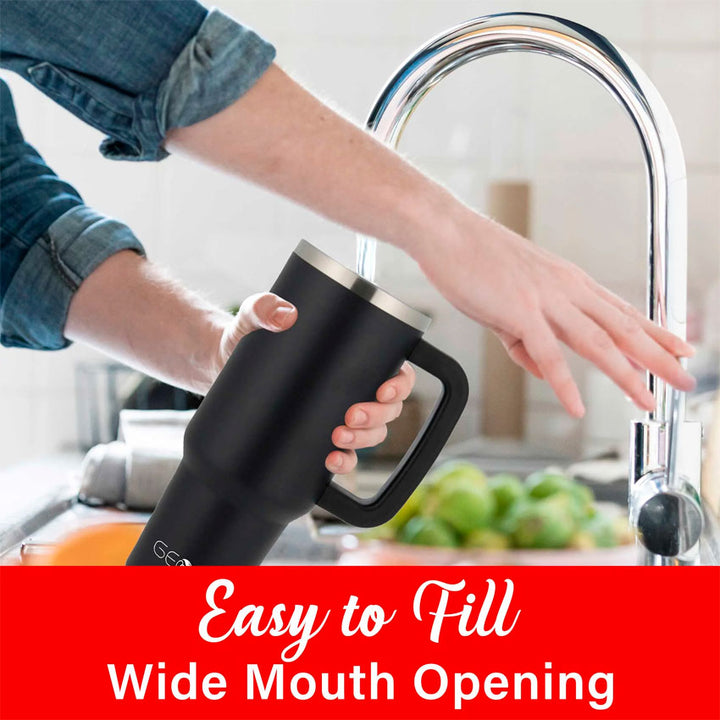 BRENTWOOD GEOJUG CMB-1200BK - VASO DE ACERO INOXIDABLE AISLADO CON ASA, TAPA Y PAJITA, COLOR NEGRO