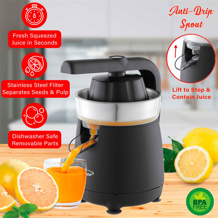 Brentwood Exprimidor de Citricos Negro con Palanca Ergonómica y Filtro de Acero Inoxidable