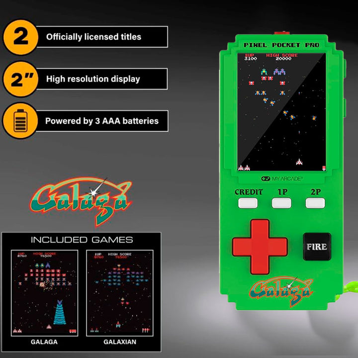 DREAMGEAR CONSOLA PORTÁTIL GALAGA PIXEL POCKET PRO CON 2 JUEGOS Y PANTALLA DE 5.1 CM