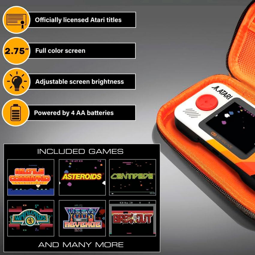DREAMGEAR CONSOLA PORTÁTIL ATARI POCKET PLAYER PRO CON PANTALLA DE 7 CM, ESTUCHE DE VIAJE Y 100 JUEGOS INCLUIDOS