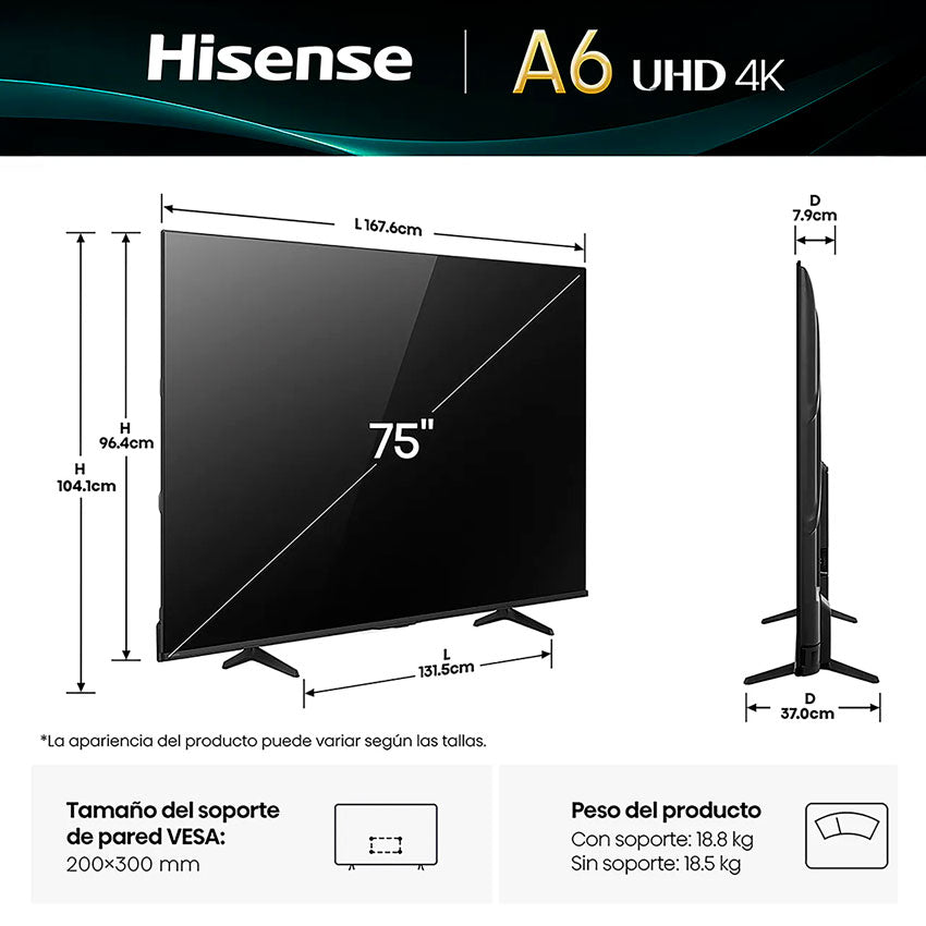 HISENSE SMART TV 75" 4K UHD 75A65NV CON DOLBY VISION CONECTIVIDAD AVANZADA