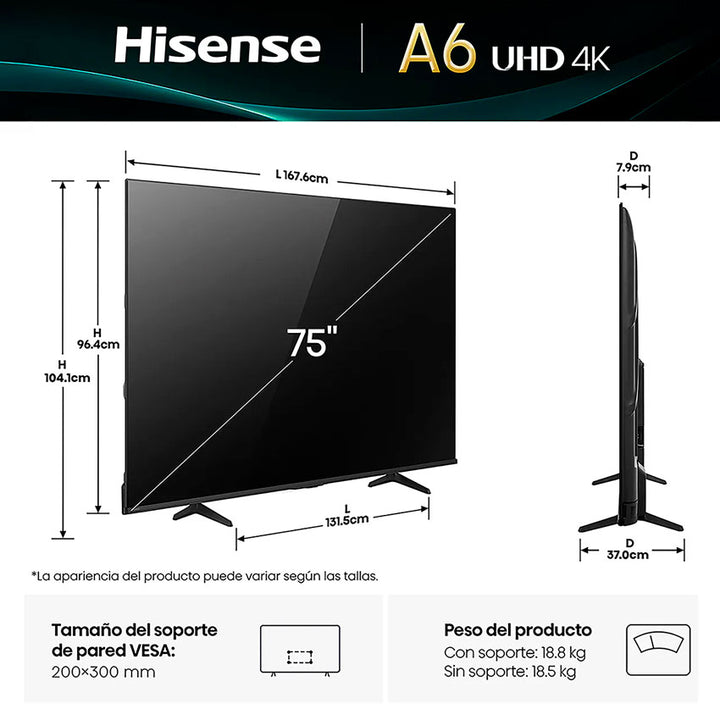 HISENSE SMART TV 75" 4K UHD 75A65NV CON DOLBY VISION CONECTIVIDAD AVANZADA