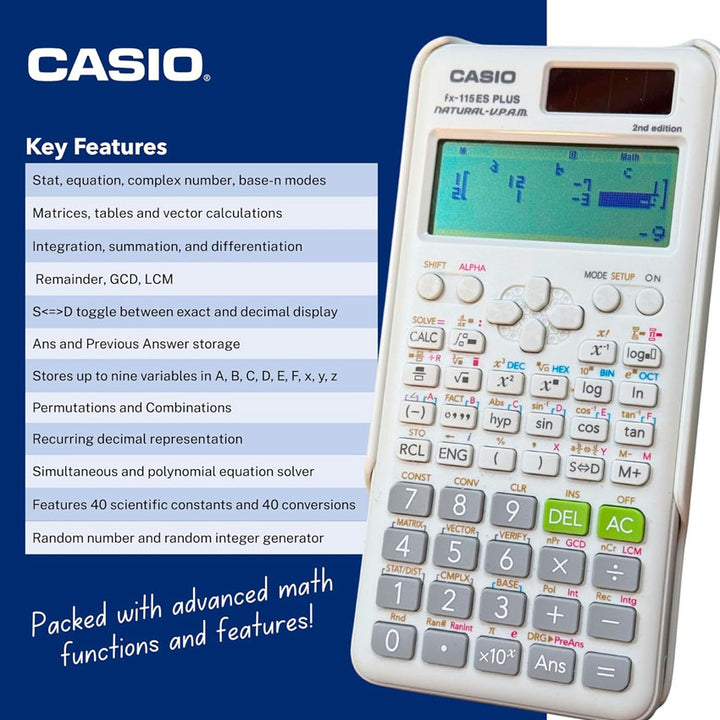 Casio Calculadora Cientifica Fx-115es Plus 2da Edición 252 Funciones, Matrices, Integrales y Display Natural