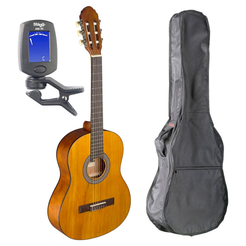 STAGG PACK DE GUITARRA CLÁSICA 3/4 NATURAL CON AFINADOR, FUNDA